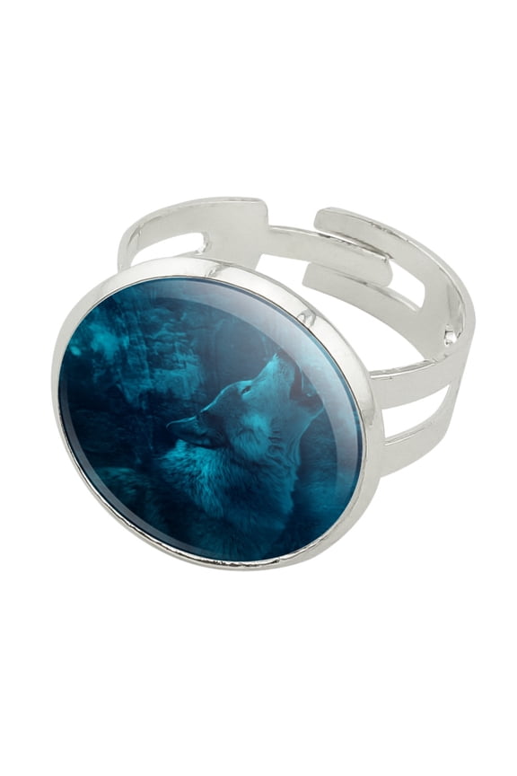 Wolf Howl Howling Blue Moon Wolves Silver Plated Adjustable Novelty Ring