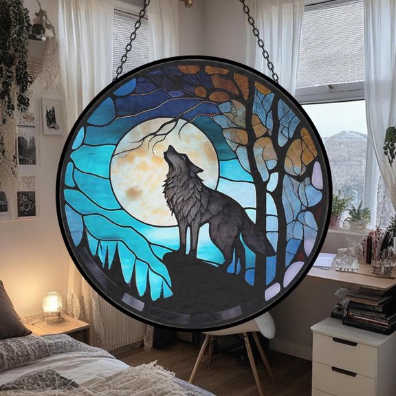 Wolf Howling And Moon Glass Suncatcher, Gray Wolf Window Garden Decoration Animals Theme Keepsake, 6.3 in