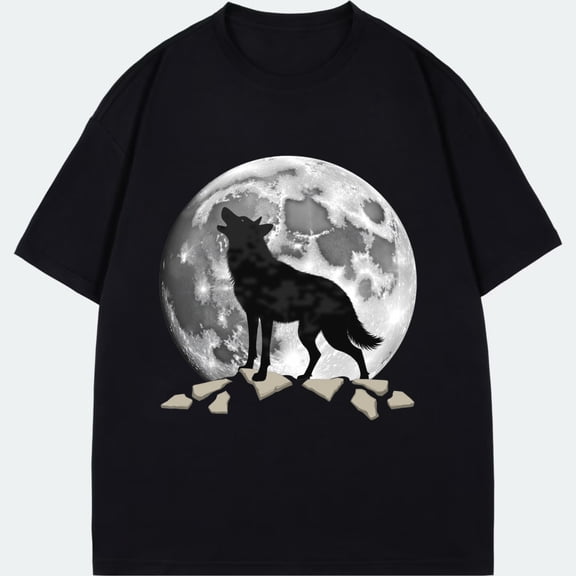 Wolf Howling At Full Moon Black T-Shirt With Wolf And Moon Print For Outdoor Camping And Night Adventures