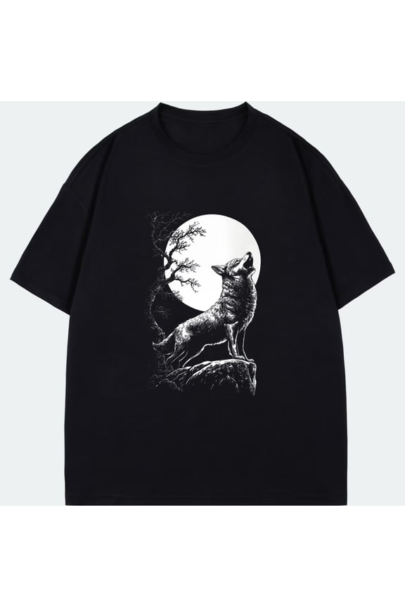 Wolf Howling At Moon Black T Shirt With Tree And Full Moon Print For Outdoor Nature Lovers And Casual Wear