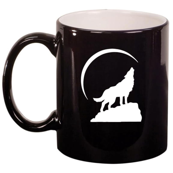 Wolf Howling At Moon Ceramic Coffee Mug Tea Cup Gift (11oz Gloss Black)