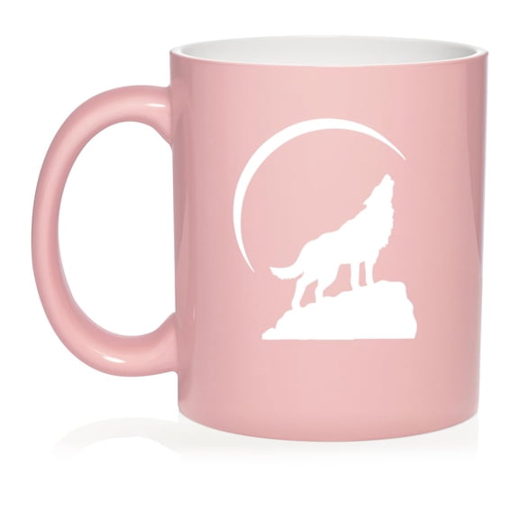 Wolf Howling At Moon Ceramic Coffee Mug Tea Cup Gift (11oz Light Pink)