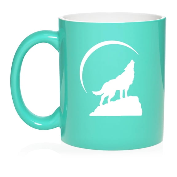 Wolf Howling At Moon Ceramic Coffee Mug Tea Cup Gift (11oz Teal)