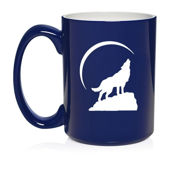 Wolf Howling At Moon Ceramic Coffee Mug Tea Cup Gift (15oz Blue)