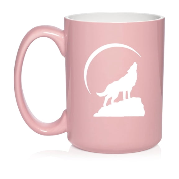 Wolf Howling At Moon Ceramic Coffee Mug Tea Cup Gift (15oz Light Pink)