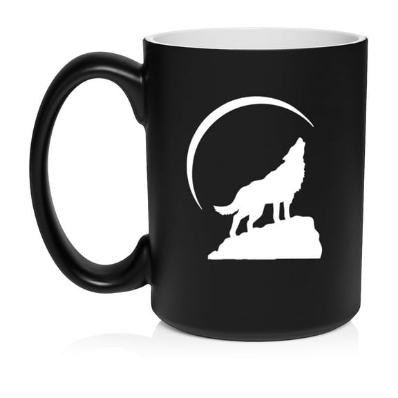 Wolf Howling At Moon Ceramic Coffee Mug Tea Cup Gift (15oz Matte Black)