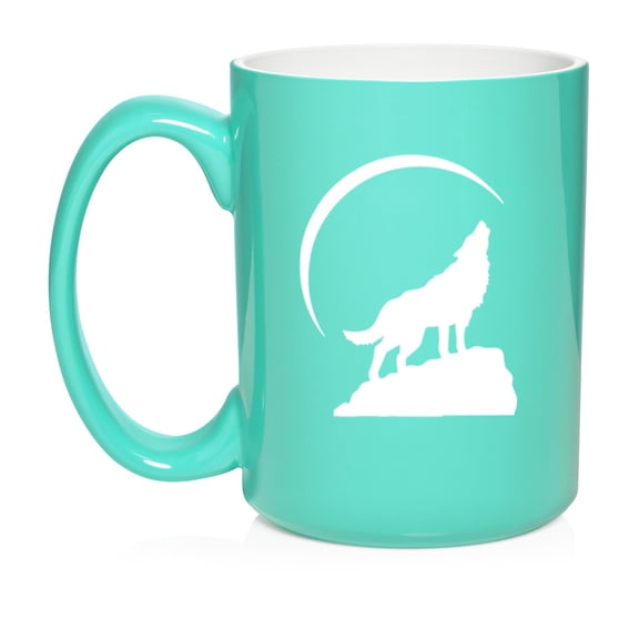 Wolf Howling At Moon Ceramic Coffee Mug Tea Cup Gift (15oz Teal)