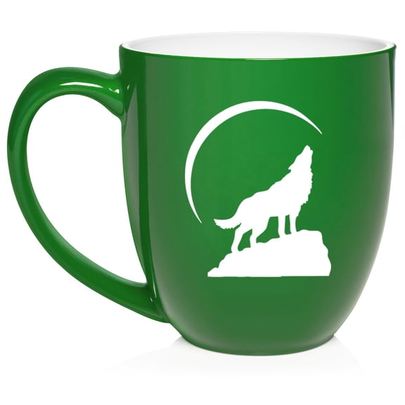Wolf Howling At Moon Ceramic Coffee Mug Tea Cup Gift (16oz Green)
