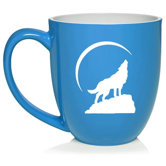 Wolf Howling At Moon Ceramic Coffee Mug Tea Cup Gift (16oz Light Blue)