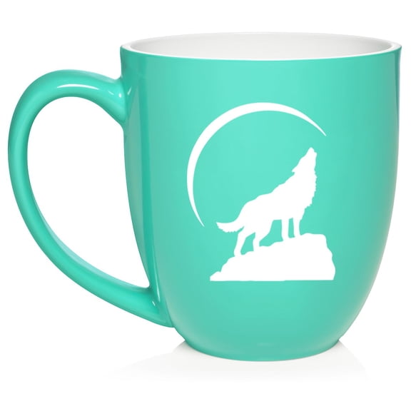Wolf Howling At Moon Ceramic Coffee Mug Tea Cup Gift (16oz Teal)