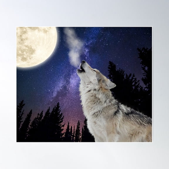 Wolf Howling At The Moon / Wolf Moon Night Sky Stars Space Poster Wall Art, Modern Wall Decor For Living Room Bedroom, 12x18 UNFRAMED