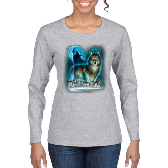 Wolf Howling At the Full Moon Wolf Pack Animal Lover Womens Graphic Long Sleeve T-Shirt, Heather Grey, 2XL