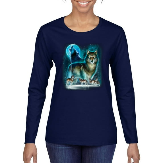 Wolf Howling At the Full Moon Wolf Pack Animal Lover Womens Graphic Long Sleeve T-Shirt, Navy, Medium