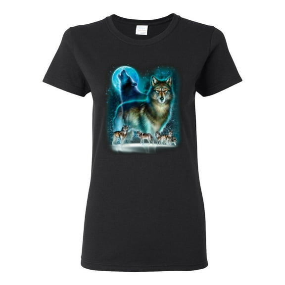 Wolf Howling At the Full Moon Wolf Pack Animal Lover Womens Graphic T-Shirt, Black, Small