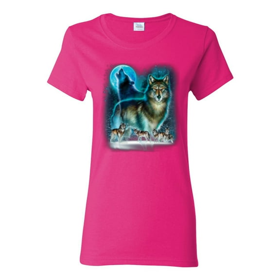Wolf Howling At the Full Moon Wolf Pack Animal Lover Womens Graphic T-Shirt, Fuschia, X-Large