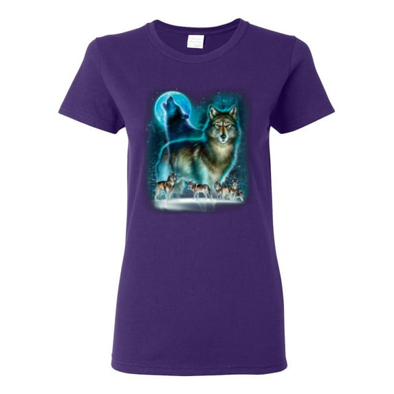 Wolf Howling At the Full Moon Wolf Pack Animal Lover Womens Graphic T-Shirt, Purple, Large