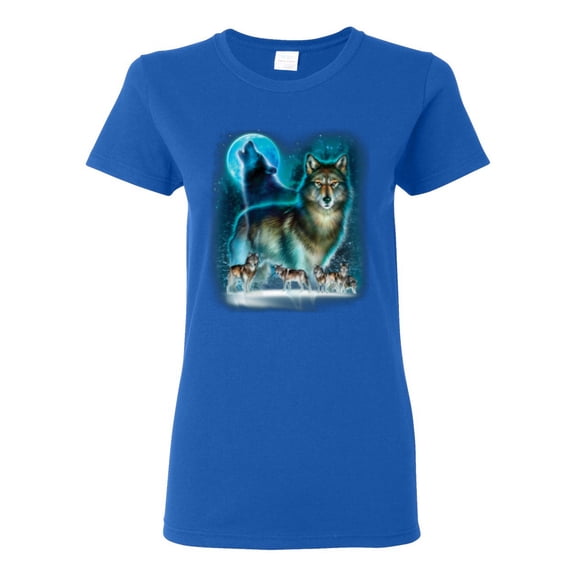 Wolf Howling At the Full Moon Wolf Pack Animal Lover Womens Graphic T-Shirt, Royal, Large
