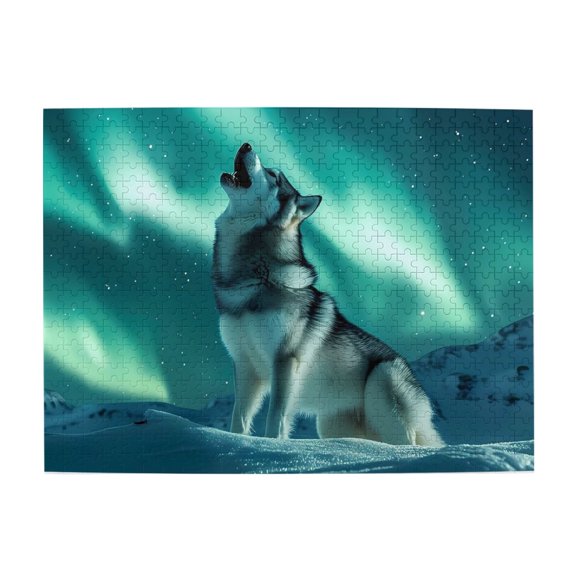 Wolf Howling Aurora Winter 500-Piece Wooden Jigsaw Puzzle for Adults, Fun & Challenging Family Brain-Teaser, Perfect Home Decor & Gift