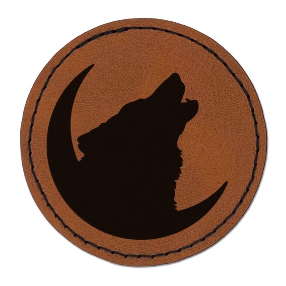 Wolf Howling Crescent Moon 2.5" Faux Leather Round Engraved Iron-On Patch - Brown