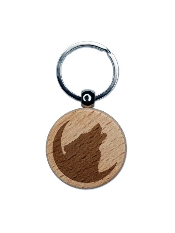 Wolf Howling Crescent Moon Round Keychain Charm Tag - Engraved Wood