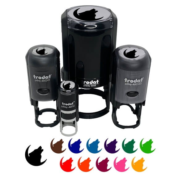 Wolf Howling Crescent Moon Self-Inking Rubber Stamp Ink Stamper - Yellow Ink - Medium 1 Inch