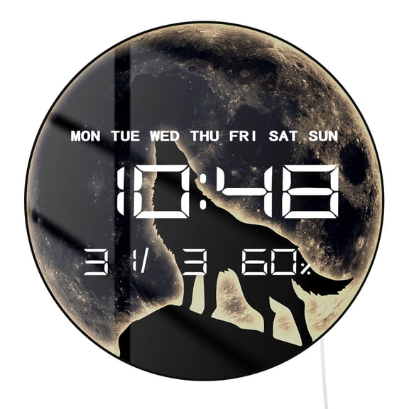 Wolf Howling At Full Moon LED Digital Wall Clock Round Hanging Electronic Clock Multi Function Display Time Date Week Humidity Wilderness Decorative Wall Clock For Man Cave Lodge Home Office