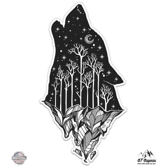 Wolf Howling Moon Celestial Mountains - 12" Vinyl Sticker Waterproof Decal