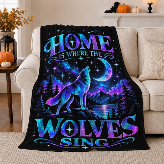 Wolf Howling At Moon Cosmic Nebula, Peaceful Mountain Lake Scene, Warm Flannel Blanket for Cabin and Lodge with Detailed Artwork, Outdoor Lovers Christmas Gift, Festive Home Decor