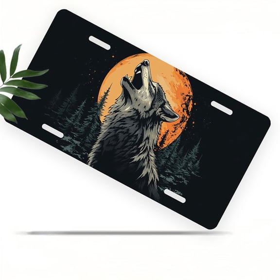 Wolf Howling at Moon Front License Plate, Metal License Plate, Funny Standard Plates Personalized Novelty Decorative For Men/Women/Boys/Girls Car 6×12 Inch