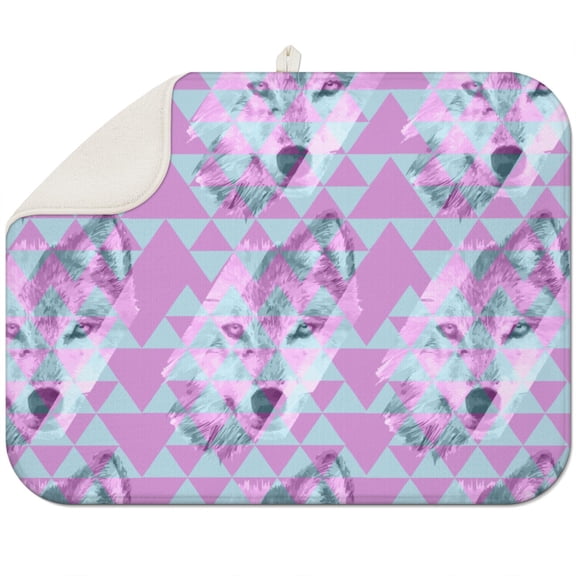 Wolf Howling Moon Grey Tribal Print Dish Drying Mat - Super Absorbent 3-Layer Microfiber Heat Resistant Sink Pad - Foldable Washable Reusable Kitchen Countertop Mat for Dishes (18"x24")