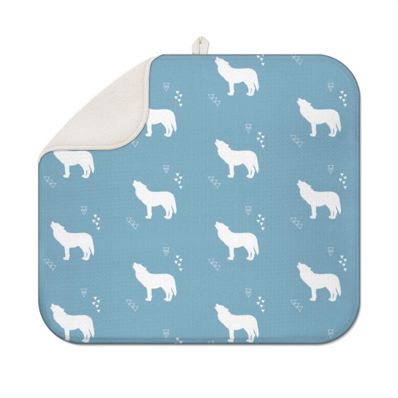 Wolf Howling Moon Grey Tribal Print Dish Drying Mat - Super Absorbent 3-Layer Microfiber Heat Resistant Sink Pad - Foldable Washable Reusable Kitchen Countertop Mat for Dishes (18"x16")