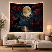 Wolf Howling at Moon with Maple Leaves in Mountain Wilderness, Mystical Fantasy for Nature Lovers, Nocturnal Wildlife Wall Art, Halloween Gift Tapestry Wall Hanging for Bedroom and Living Room