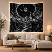 Wolf Howling at Moon Over Mountain Wilderness, Serene Celestial Nature Art for Wildlife Fans, Dark Nature Decor, Housewarming Gift Tapestry Wall Hanging for Bedroom, Living Room and Dorm