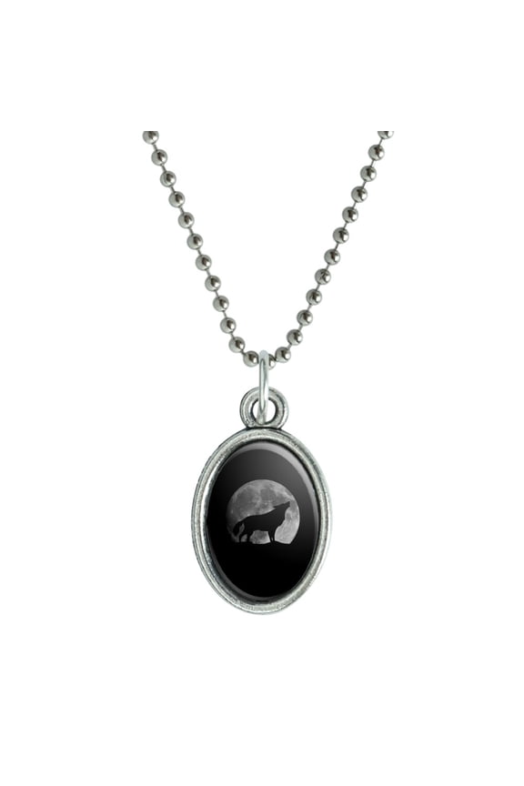 Wolf Howling Moon Silhouette Antiqued Oval Charm Pendant with Chain