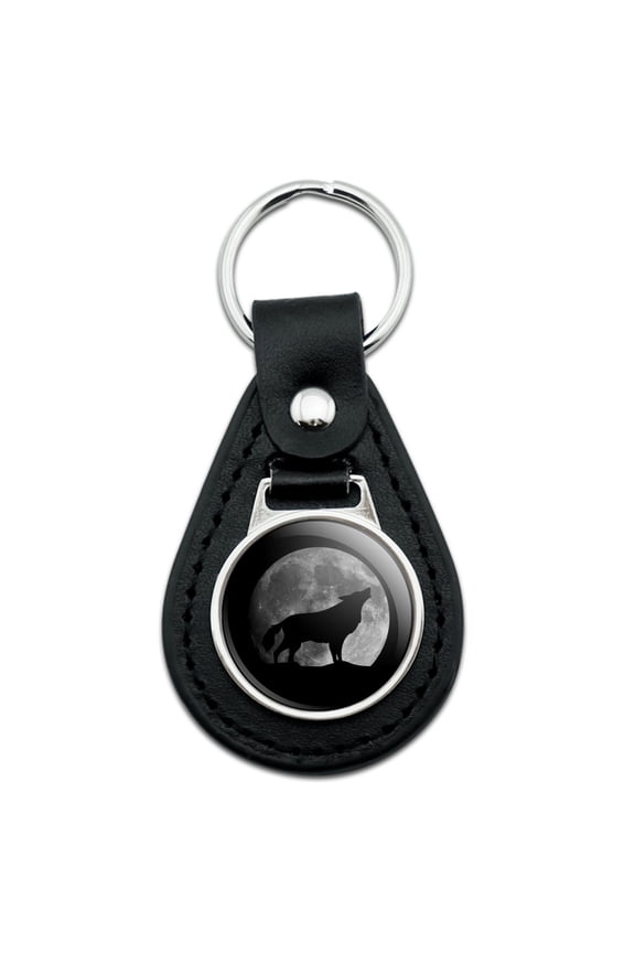 Wolf Howling Moon Silhouette Black Leather Keychain