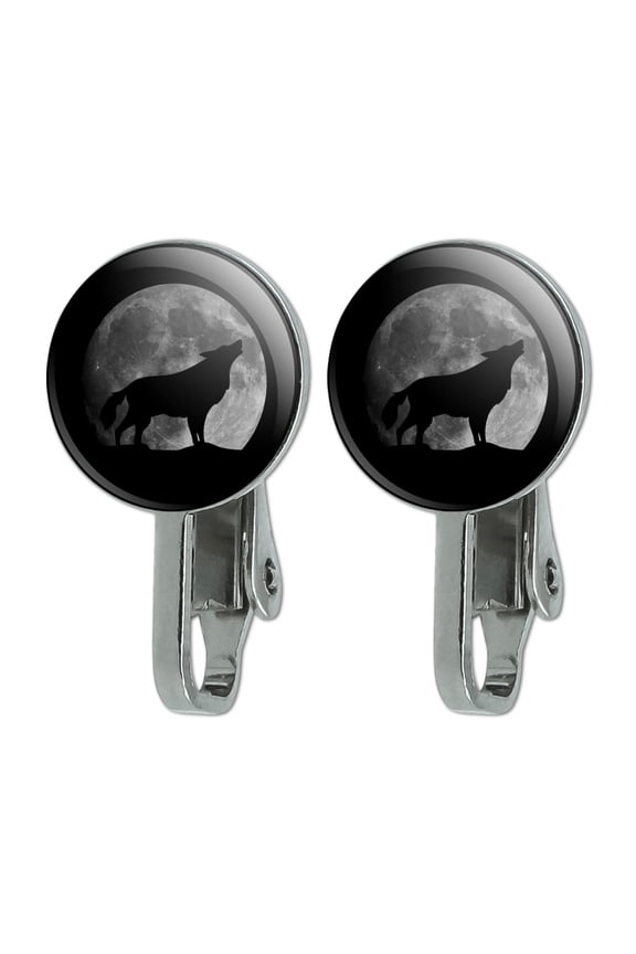 Wolf Howling Moon Silhouette Novelty Clip-On Stud Earrings