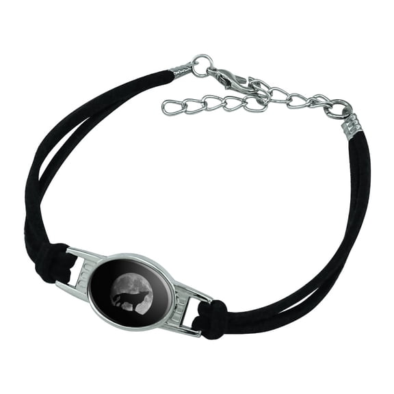 Wolf Howling Moon Silhouette Novelty Suede Leather Metal Bracelet