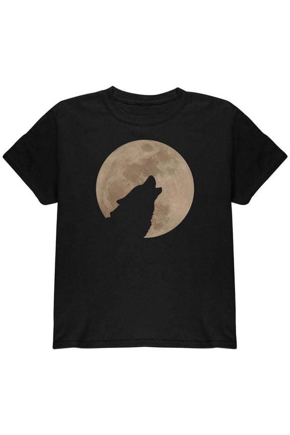 Wolf Howling Moon Silhouette Youth T Shirt Black YXL