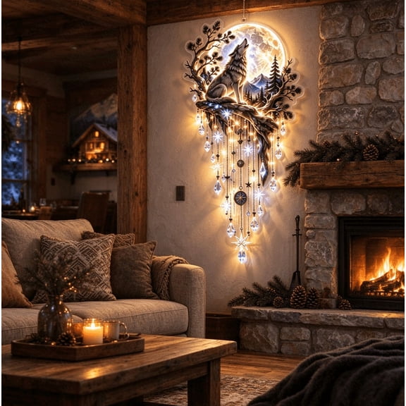 Wolf Howling Moon Starfall Wall Light Bring the Wild Home, Battery Operated Hanging Night Lamp with Wolf Silhouette for Boys Room Nursery and Cozy Reading Corner