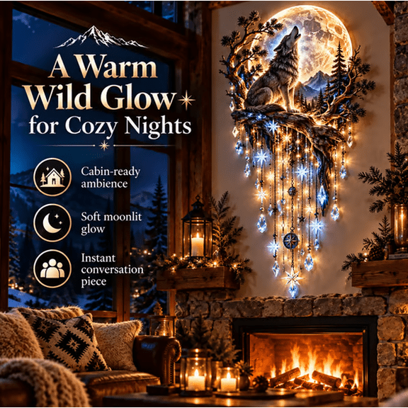 Wolf Howling Moon Starfall Wall Light Bring the Wild Home, Rustic Wildlife Moon Wall Decor with Warm Ambient Lighting for Lodge Farmhouse Hallway and Fireplace Wall