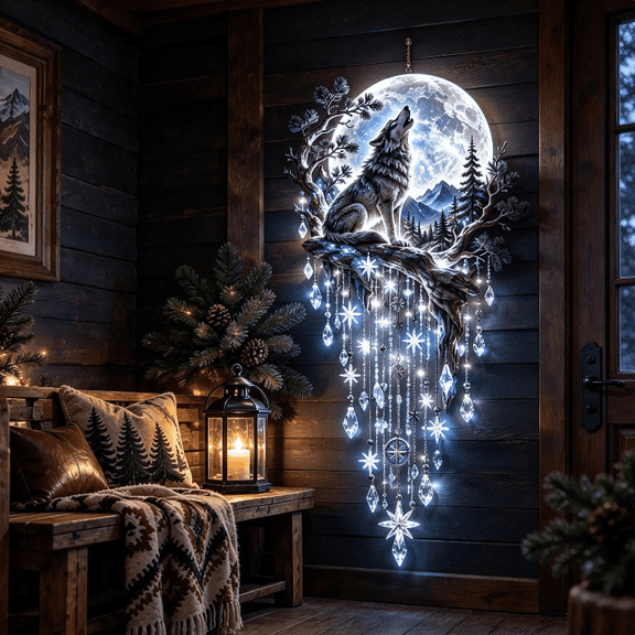 Wolf Howling Moon Starfall Wall Light, Hanging Lighted Wall Decor with No-Drill Installation, Decorative Ambient Light for Indoor Wall Styling