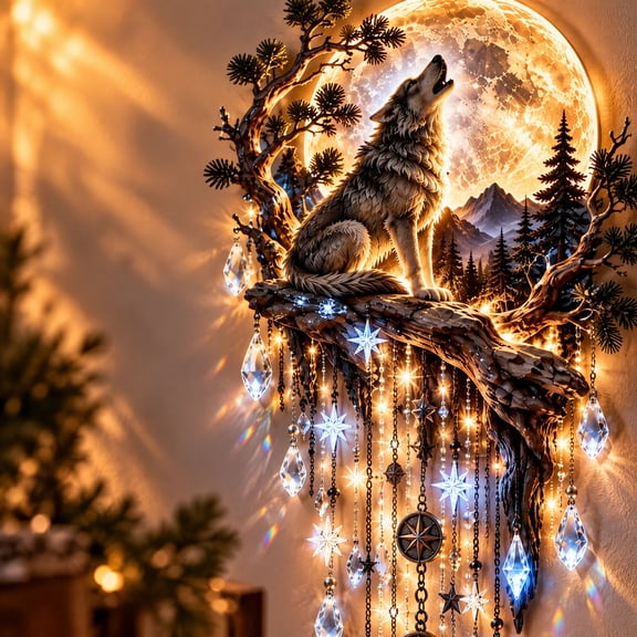 Wolf Howling Moon Starfall Wall Light, Rustic Wildlife LED Wall Sconce with Warm Ambient Star Falling Effect, Hanging Decorative Night Lamp for Bedroom, Cabin, Lodge, Farmhouse, Hallway