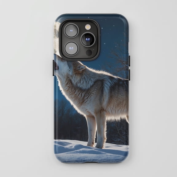 Wolf Howling Moon Tough Phone Case For All iPhone Series Protective Phone Case Realistic Night Sky Blue