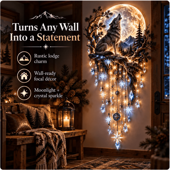 Wolf Howling Moon Wall Light, Illuminated Wolf Wall Art, Wilderness Series, Cascading Starfall Crystal Accent, Living Room Bedroom Accent
