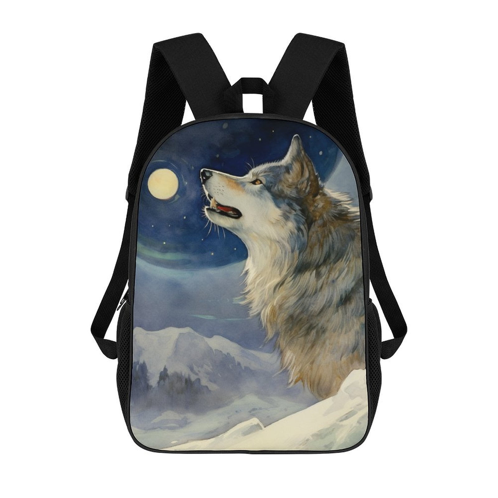 Wolf Howling Moonlit Snowy Peaks Big Student Laptop Backpack For ...