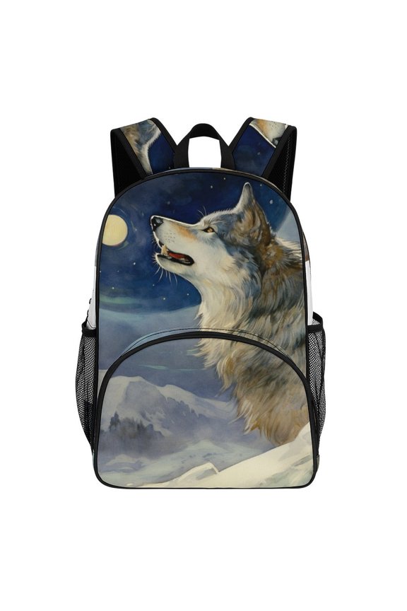 Wolf Howling Moonlit Snowy Peaks Teenage Backpack Middle Students Bookbag Outdoor Daypack
