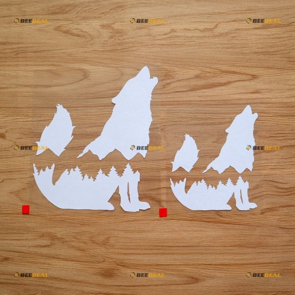 Wolf Howling Mountain Pine Treeline Adventure Hiking Camping 4x4 Off Road Sticker Decal Vinyl - 2 Pack White, 5 Inches, 7 Inches - No Background Die Cut