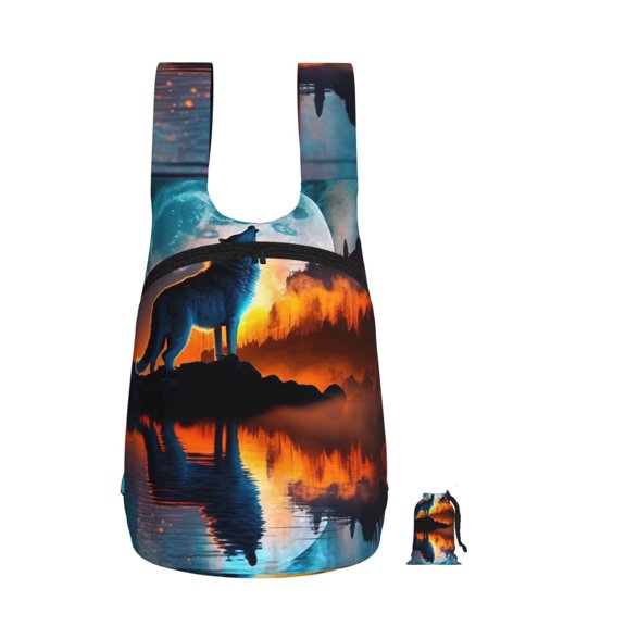 Wolf Howling Night Moon River Foldable Storage Backpack Lightweight Packable Travel Daypack for Shopping Commuting Hiking