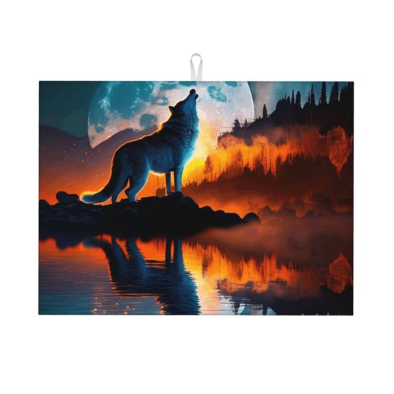 Wolf Howling Night Moon River Large Kitchen Drying Mat 18x24 Inch Ultra Absorbent Dish Drying Mats Foldable Countertop Protector