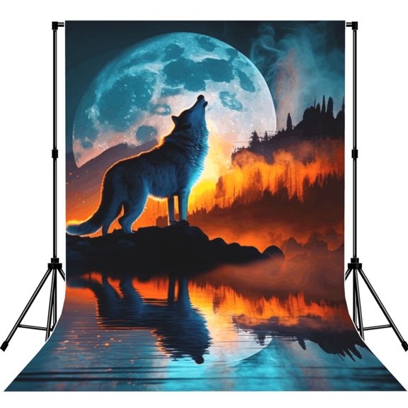 Wolf Howling Night Moon River Photography Backdrop 5x7Ft Background for Photo Studio Video Recording Birthday Party Wedding Home Decor